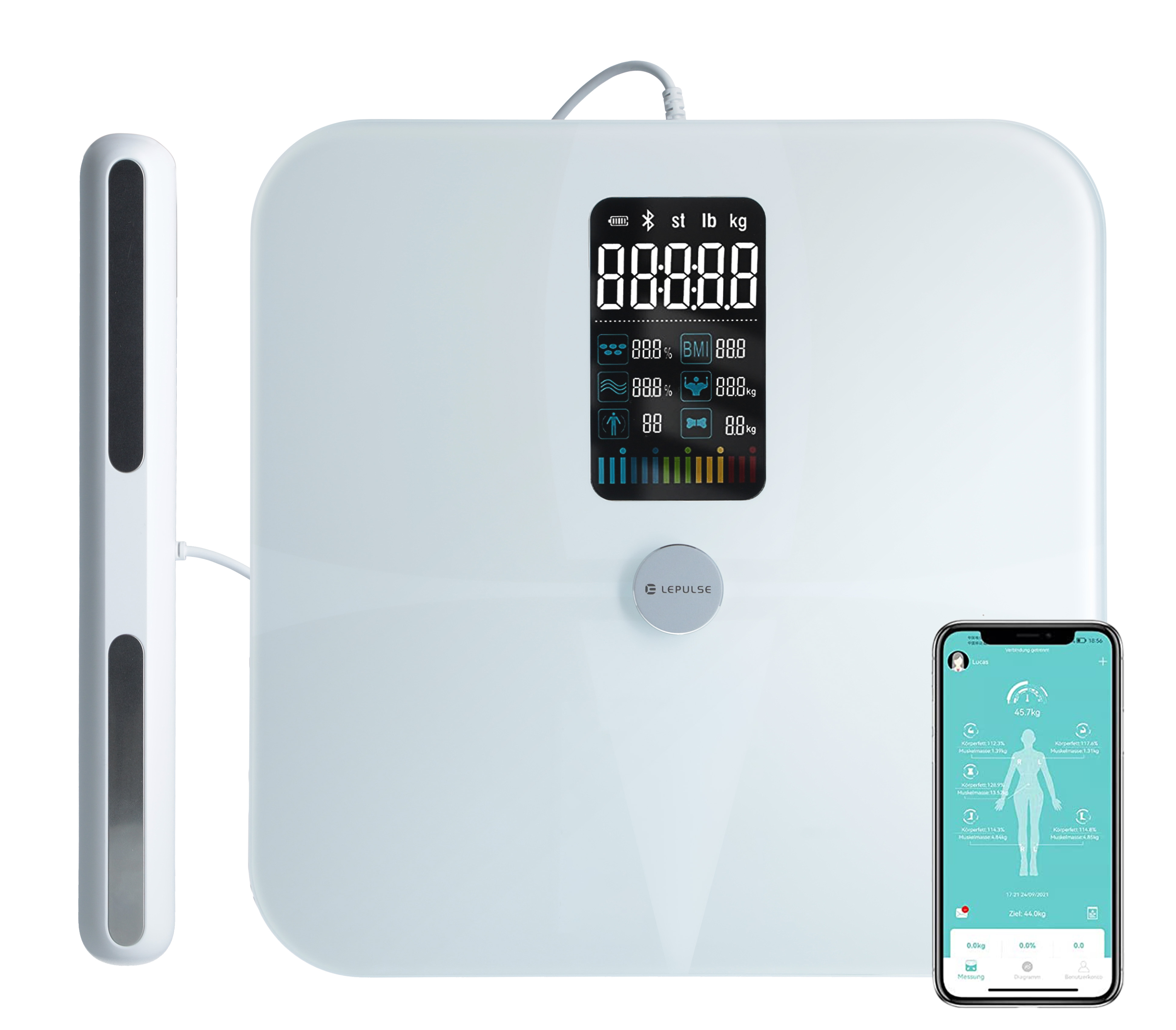 Professzionális SMART mérleg testelemző funkcióval + mobil alkalmazás, Bluetooth és LED kijelző