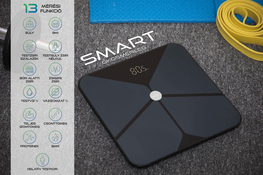 SMART mérleg 13 testparaméter diagnosztikával + Bluetooth és mobil alkalmazás