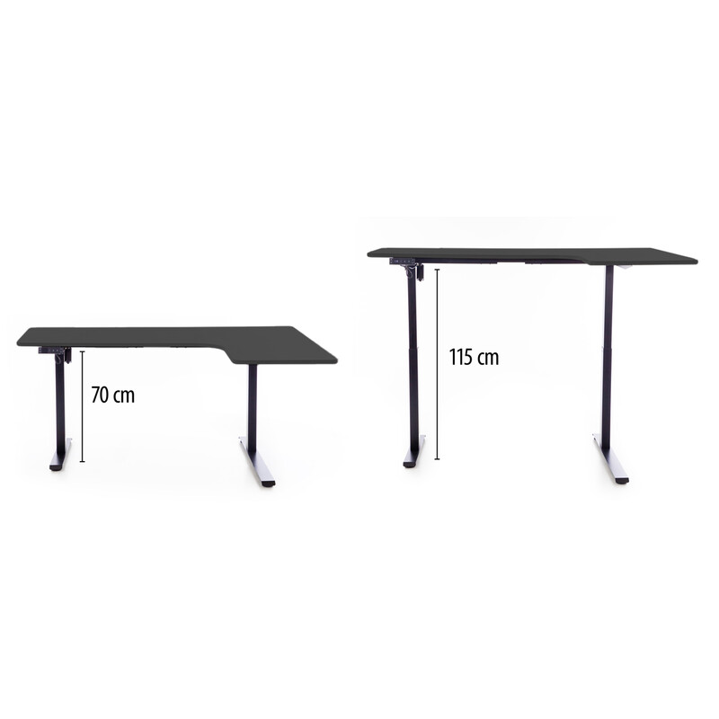 Állítható magasságú sarok íróasztal UNIZDRAV 160×110 cm, fekete – jobb oldali kivitel