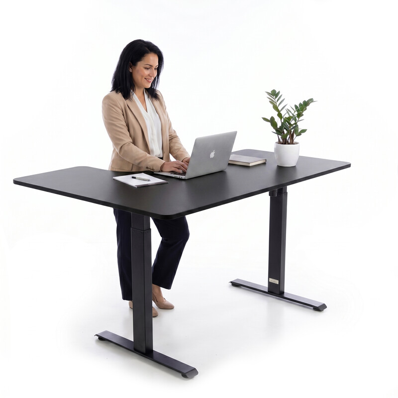 Állítható magasságú sarok íróasztal UNIZDRAV 160×110 cm, fekete – jobb oldali kivitel
